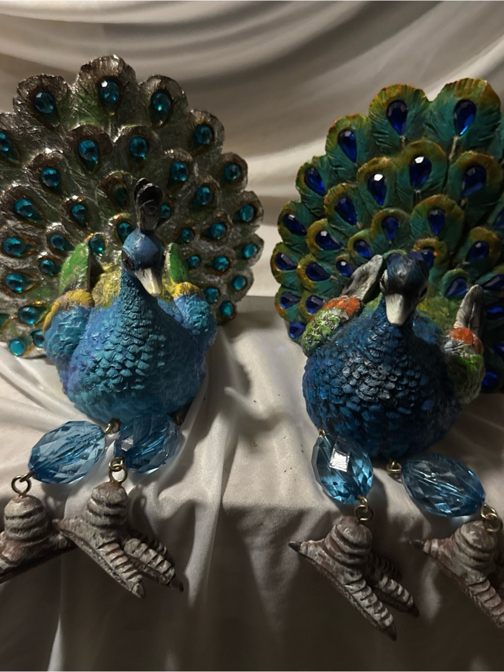Blue Peacock Shelf Sitter Figurines/Bedazzled Tail, Resin, Movable joints,of 2